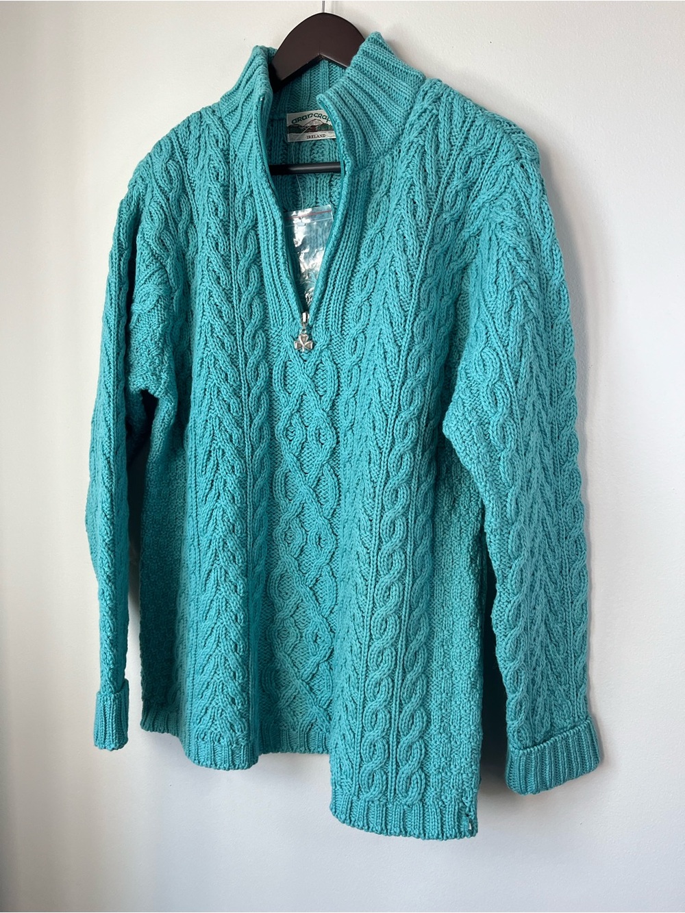 NWOT Aran Crafts Womans L Turquoise Merino Wool Cable Knit 1/4-Zip Sweater- FLAW - Picture 13 of 15